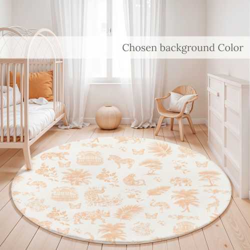 Alfombra Redonda Beige Safari Chinoiserie Toile de Jouy Decoración Infantil Alfombra para Niños Guardería Habitación Temática Safari Suave