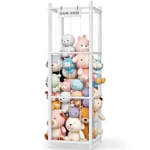 Woodure Stuffed Animal Storage & Organizer, Wooden Cute Zoo Toy Holder for Toddler Rooms, Playrooms & Bedrooms(White)