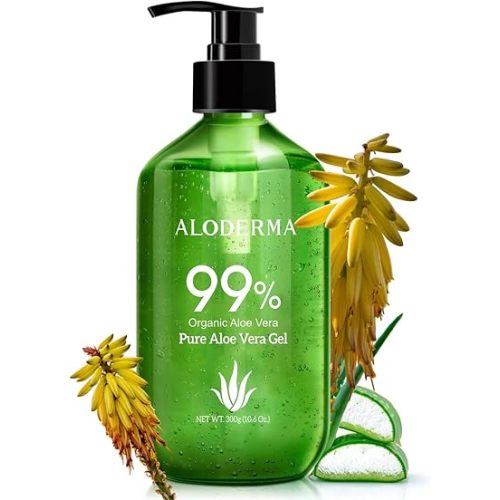 Aloderma 99% Organic Aloe Vera Gel Made within 12 Hours of Harvest - Lightweight, Non-Sticky Aloe Gel for Face Body, Hair, & Scalp, After Sun Relief, Natural, Soothing Hydrating Aloe Gel, 10.6oz