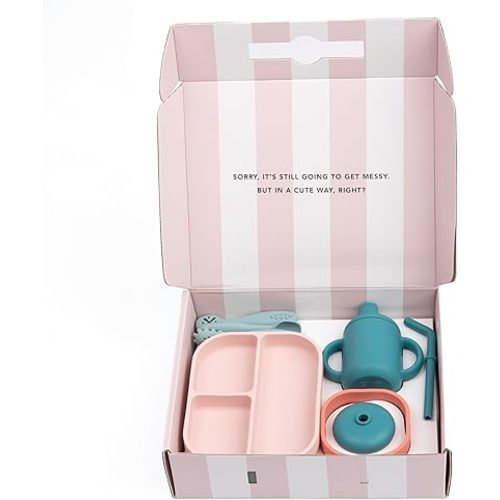 Bella Tunno Little Bites Bundle Baby Feeding Set with Bowl, Plate, Utensils, Cup, Lids; 100% Food-Grade Silicone (Confetti Castle)