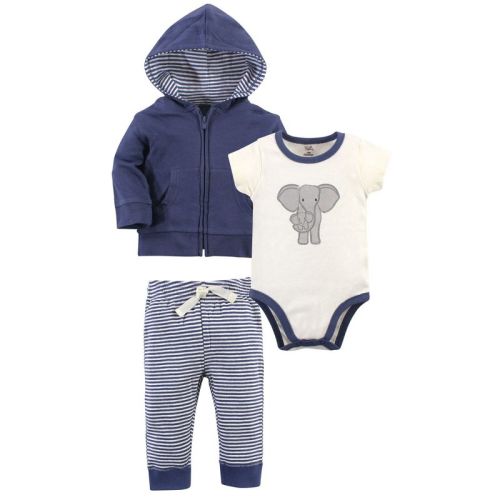 Touched by Nature Baby and Toddler Unisex Organic Cotton Hoodie, Bodysuit or Tee Top, and Pant, Stripe Elephant, Size: 12-18 months