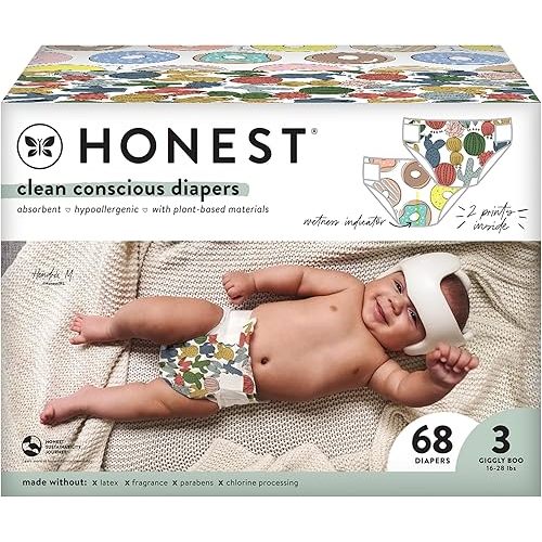 The Honest Company Clean Conscious Diapers | Plant-Based, Sustainable | Cactus Cuties + Donuts | Club Box, Size 3 (16-28 lbs), 68 Count