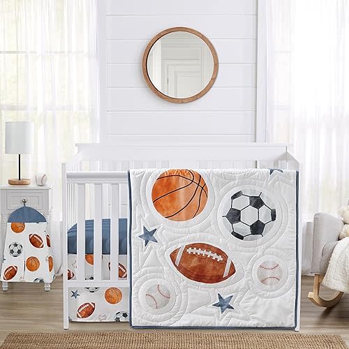 Sweet Jojo Designs 4-Piece Baby Crib Bedding Set (Vintage Sports) for Boys, Infants/Nursery incl. Blanket, Fitted Sheet, Skirt, Diaper Stacker (Baseball, Football, Soccer, Basketball, All Star Sport)