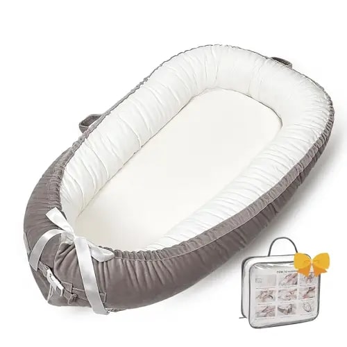 Baby Lounger-Breathable Co-Sleeping and Soft Organic 100% Cotton Baby Lounger, Portable Infant Lounger with Removable Lounger Cover, Baby Nest Lounger for Newborn 0-24 Months-Grey White