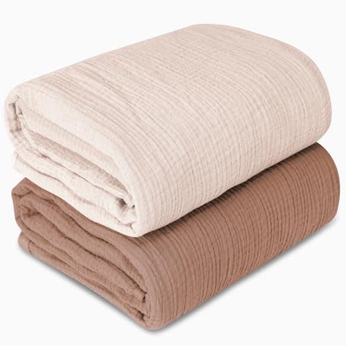 Muslin Swaddle Blankets for Newborn, 2 Pack Breathable Soft Receiving Blanket, Large 41 x 41 inches Swaddle Wrap Burping Clothes, Essentials Infant Shower Items. (Beige + Coffee)