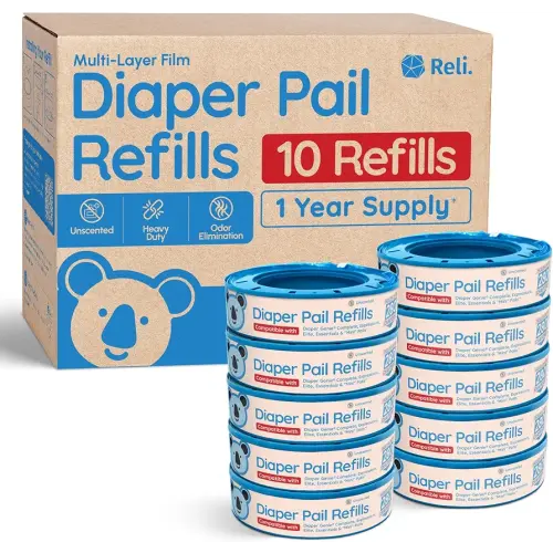 Reli. Diaper Pail Refill Bags, Compatible with Genie Complete, Expressions (10 Pack) Pail Refills Unscented | Odor Blocking, Strong, Easy Replacement | Holds up to 2,800 Newborn Diapers