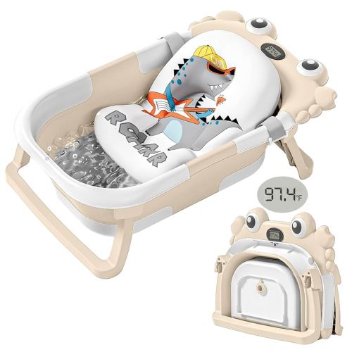 Collapsible Baby Bathtub for Newborns with Thermometer and Soft Floating Cushion Portable and Foldable Travel Baby Boy Bath Tub for Infants to Toddler 0-36 Month (Beige)