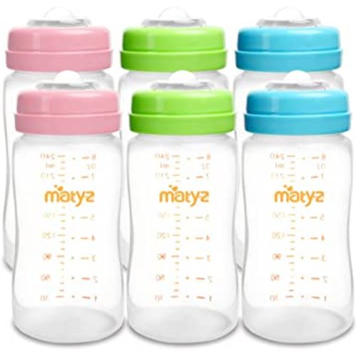 Matyz 6-PACK Breast Milk Storage Bottles (8 Ounce, 3 Colors) - Wide Neck Breastmilk Collection and Storage Bottle - Formula Storage Bottles Compatible with Medela Avent Spectra Pumps
