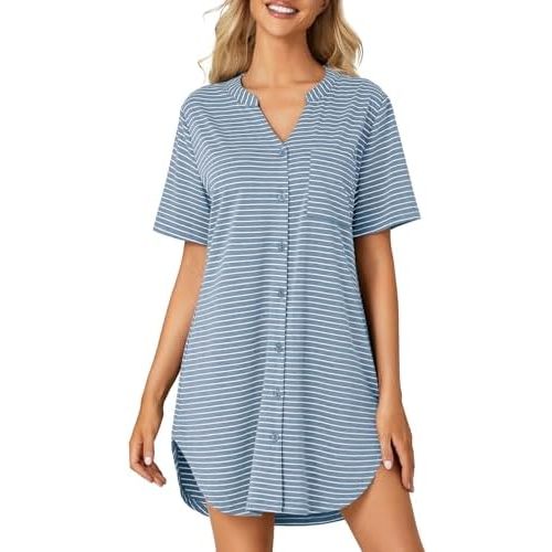 OPOIPIN Women's Nightshirt with Pocket Striped Button Down Short Sleeve Nightgown Nightdress