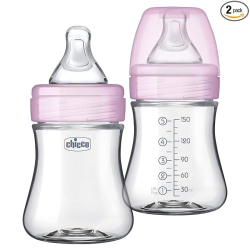 Chicco Duo 5oz Glass-Lined Baby Bottle, Real Glass Inside, Plastic Outside, Patented Invinci-Glass Hybrid Design, Intui-Latch Nipple, 2-Pack, Clear/Pink