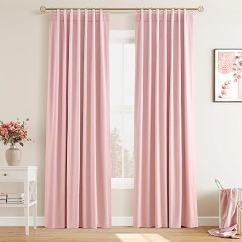 Joywell 100% Blackout Linen Curtains 96 Inches Long for Bedroom Pink