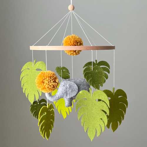 Felt Elephant Baby Mobile, Jungle Safari, Tropical Nursery Decor