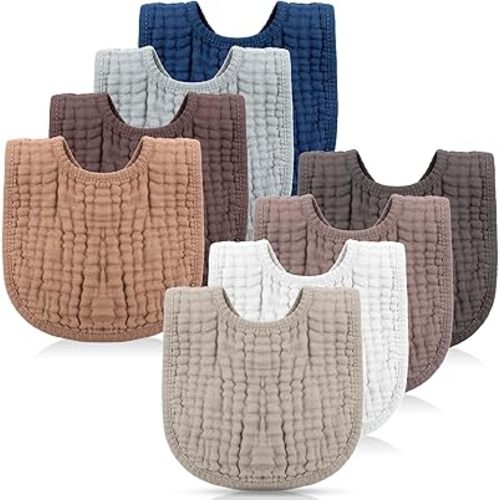 Frienda 8 Pcs Muslin Bibs Baby Cotton Bandana Drool Bibs Bulk for Boys Girls Newborn Infant 6 Absorbent Layers Bibs Feeding Accessory(Rustic Colors)