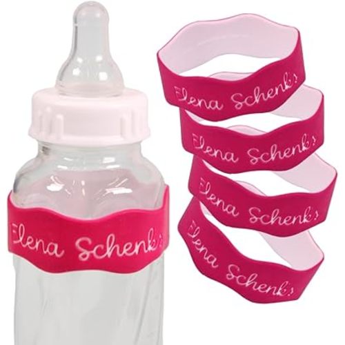 InchBug Orbit Labels - Baby Bottle Name Labels for Daycare, Sippy Cup Bands - Engraved Silicone, Reusable, Dishwasher Safe, White Contrasting Personalization, 4-Pack (Wild Berry Punch)