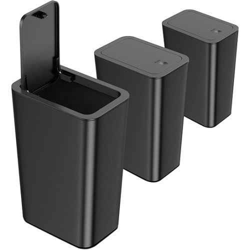 N. NETDOT 3 Pack 10 Liter Small Trash Can with lid, 2.6 Gallon,Garbage Can Slim Trash Bin Waste Basket for Bathroom,Kitchen,Bedroom,Living Room,Office,Laundry - Black
