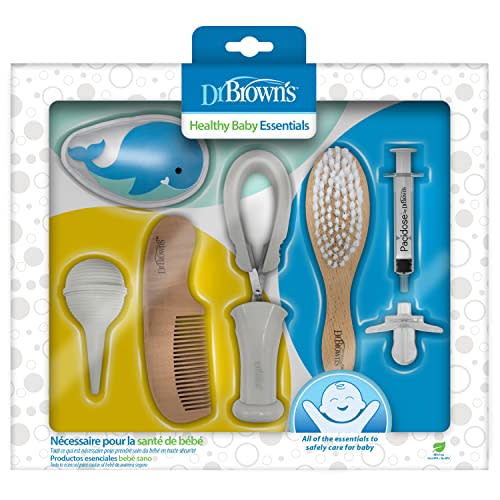 Dr. Brown's Healthy Baby Essentials Kit, Pacidose Medicine Dispenser, Nail Scissors with Case, Nasal Aspirator, Cradle Cap Brush + Comb, Cold Compress