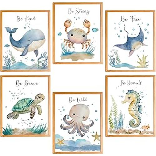 Ocean Nursery Decor,Ocean Nursery Wall Art Set of 6, Under the Sea Nursery Wall Decor Poster Prints for Toddler Kids Boy Girl Room Classroom Bathroom Decor Playroom,8x10 Inches