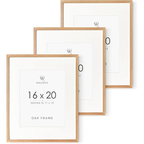 16x20 Picture Frame, 20x16 Solid Oak Picture Frame with Mat, 16x20 Natural Wood Frame for Wall Art Photo, Set of 3
