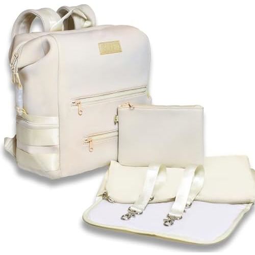 BUNSO Neoprene Diaper Bag Backpack, Water-resistant, Travel Baby Bag With Changing Pad, Stroller Straps, Wet Bag and Pouch (Cream)