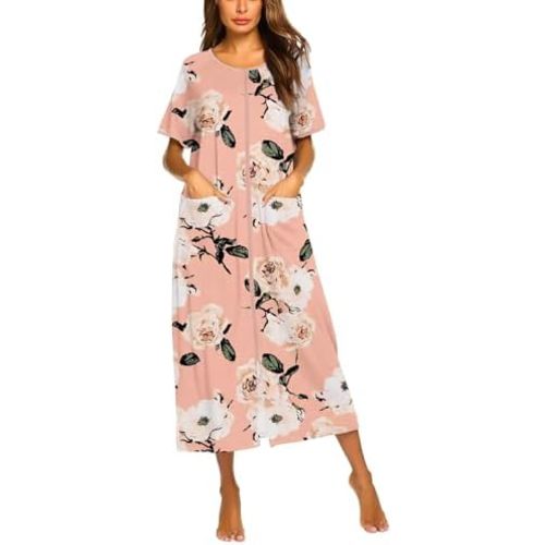 Ekouaer Women Robes Zipper Front Short Sleeve Full Length Housecoat with Pockets Loungewear S-4XL
