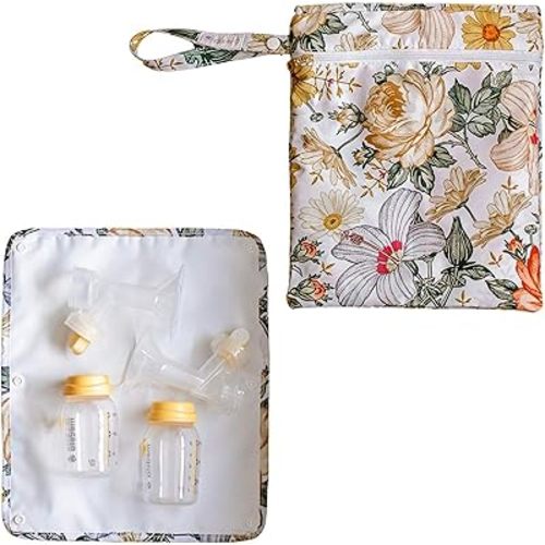 Iris & Ella Breast Pump Wet Dry Bag - Reusable Floral Pattern Breast Pump Storage Bag W/Staging Mat & Removable Waterproof Lining - Wet Dry Bags for Breast Pump Parts - Wet Bags for Baby - 13" x 11"