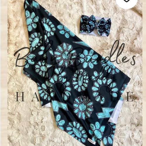 Turquoise and Black Swaddle with Matching Headwrap | BabyBundles by Maddy