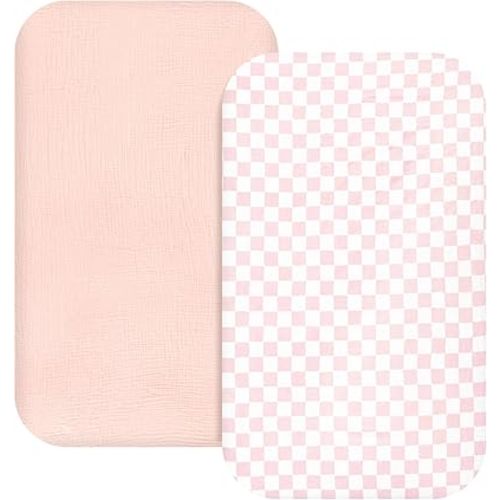 Hooyax Muslin Bassinet Sheets 2 Pack for Baby, Compatible with Bedside Sleeper Bassinet Fitted Sheets for Girls Boys, Ultra Soft and Skin-Friendly for Girls (Pink, Checkered)