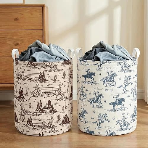 2Pcs Western Cowboy Cute Kids Laundry Basket Baby Nursery Hamper Western Room Decor Foldable Oxford Cloth Funny Tote Clothes Storage Bucket Organizer For Bedroom Teen Girls Boy (Cowboy)