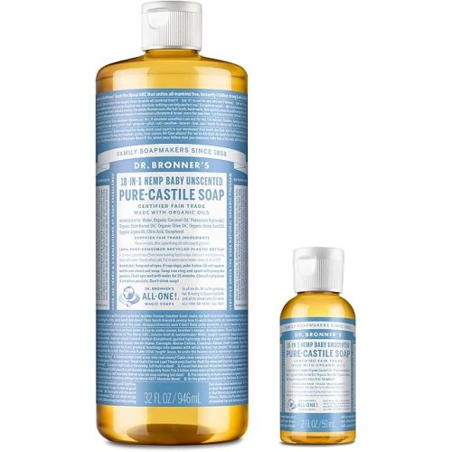 Dr. Bronner's Pure-Castile Liquid Soap – Baby Unscented Bundle. 32 oz. Bottle and 2 oz. Travel Bottle