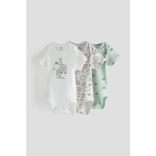 3-pack Cotton Bodysuits, Envelope Neck, Short sleeve, White/animals