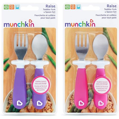 Munchkin Raise 4 Pack Toddler Fork and Spoon, Pink/Purple