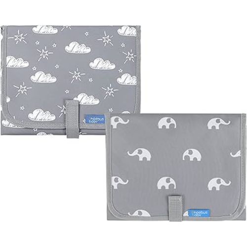 Baby Portable Changing Pad Travel - Waterproof Compact Diaper Changing Mat with Built-in Pillow - Lightweight & Foldable Changing Station, Newborn Shower Gifts (Clouds and Elephant)