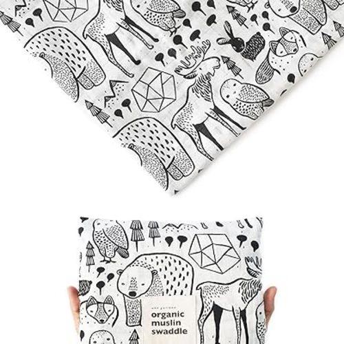 Wee Gallery, Organic Muslin Swaddle - Nordic - Woodland Animals Design, Black and White for Baby Visual Development, Quality Cotton Swaddling or Receiving Blanket