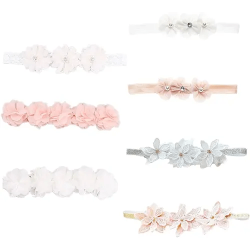 Baby Toddler Elastic Chiffon Flower Headbands Princess Girls Hand Sewing Beads Flower Headwear Nylon (QJ318)