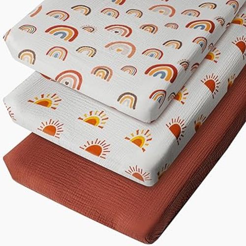 Muslin Changing Pad Cover Sheets Boho Fitted Gender Neutral Mattress Cotton Sheets for Baby Boy or Girl Soft Breathable Baby Toddler Sheets with Boho Sun and Rainbows (Changing Pad Cover)