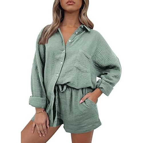 AUTOMET 2 Piece Sets For Women Lounge Wear Matching Two Piece Pajama Fashion Oversized Shirts And Shorts Spring Outfit 2025