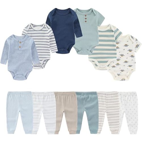 Four Seasons Baby Layette Sets 12 Pack Unisex Infant Boys Girls Pants and Long/Short Sleeve Bodysuits