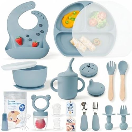 Remonda 23-Piece BPA-Free Baby Silicone Feeding Set | Extra Large Suction Plates, Toddler Bowls, Self Feeding Spoons, and More | Dishwasher Safe| Infant Led Weaning Supplies (Blue)