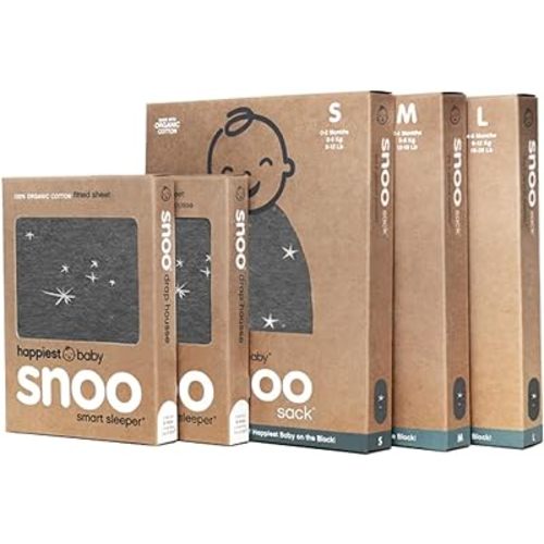 Happiest Baby The Big Bundle 100% Organic Cotton - Includes 3 SNOO Sacks and 2 SNOO Bassinet Fitted Sheets (Charcoal Stars)