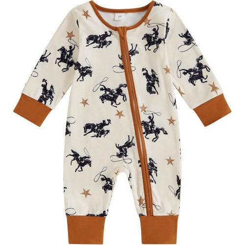 SAYOO Western Baby Cowboy Clothes Neutral Zipped Fall Romper Outfit for Boy Girl Infant Lapel Cow Print One-piece Jumpsuit - 0-3 Months - E Coffee