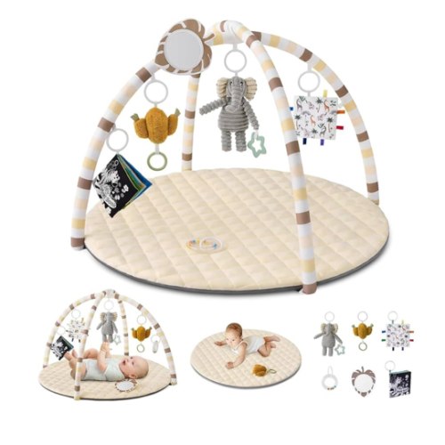 Blissful Diary Baby Play Gym Mat, Tummy Time Activity Mat with 6 Detachable Toys for Stage-Based Sensory & Motor Skill Development, Easy to Install & Clean, Baby Essentials Gift, Sandy Beige