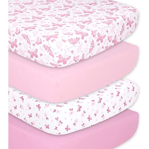 The Peanutshell 4-Pack Fitted Crib Sheet Set - Super Soft & Breathable Baby Girl Crib Sheets, Nursery Decor, Fit for Standard Crib Mattress Sheet - Butterfly