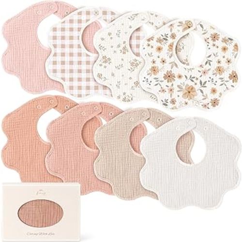 Konssy Muslin Baby Bibs 8 Pack, 100% Cotton Absorbent Bandana Drool Bibs for Teething and Drooling for Unisex Boys and Girls