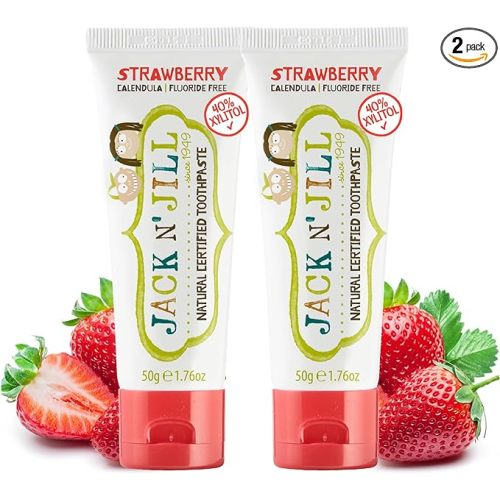 Jack N' Jill Natural Toddler Toothpaste for Baby, Kids and Infants 6 Months & Up, Fluoride Free Training Toothpaste for Toddlers 1-3, 40% Xylitol, BPA Free - Strawberry, 1.76 oz (Pack of 2)