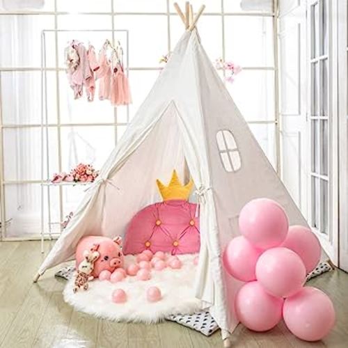 Kids Teepee Tent with Bottom Cloth, Paper Feathers & Flags, Gift for Boys & Girls, Toys for Toddler, Playhouse for Indoor Decor Party Games