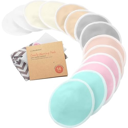 Organic Nursing Pads - 14 Washable Breast Pads for Breastfeeding, Wash Bag, Viscose Derived from Bamboo Reusable Nipple Covers for Breastfeeding Essentials, Soft & Absorbent (Pastel Touch, L 4.8")