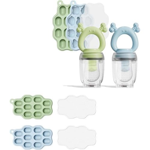 Baby Food Freezer Tray with Lid 2 Pack + Silicone Baby Fruit Feeder with Freezer Tray 2 Pack (Bundle)