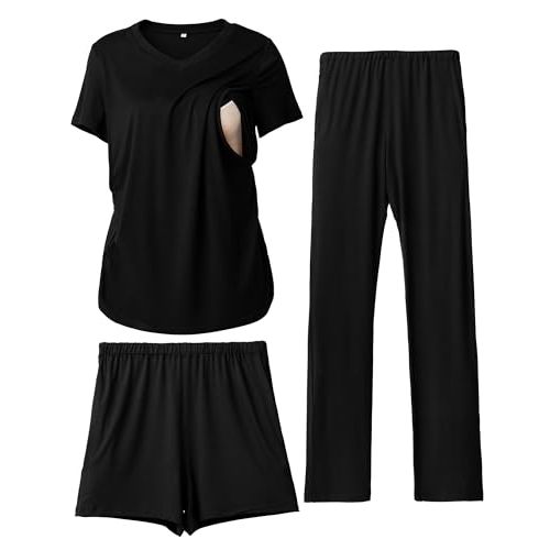 Rnxrbb 3 Piece Women's Maternity Nursing Pajamas Set V Neck Breastfeeding Pjs Sleepwear Postpartum Shorts&Pants Pockets