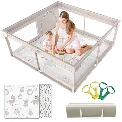 Baby Playpen,Playpen, Playpen for Babies and Toddlers, Play Pen for Kids, Play Pens for Babies and Toddlers for Apartment (59 * 59inch Grey with mat) - 59*59inch Grey with mat