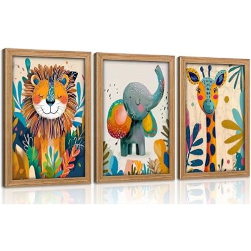 Framed 3Pcs Safari Animal Nursery Canvas Wall Art Cute Watercolor Elephant Giraffe Lion Pictures Wall Decor Colorful Jungle Animals Posters Painting Prints for Kids Room Baby Boys and Girls Room